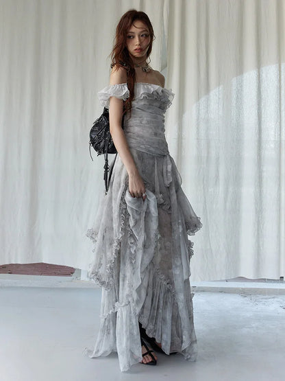 Light Gray Printed Ruffles Elegant Long Dress