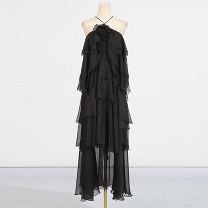 Flower Ruffles Backless Elegant Dress