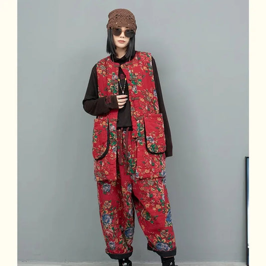 2PCS Chinese Style Floral Print Padded Clothing Set Plus Size Winter Thick Pants Suit Long Style Sleeveless Coat +Trousers
