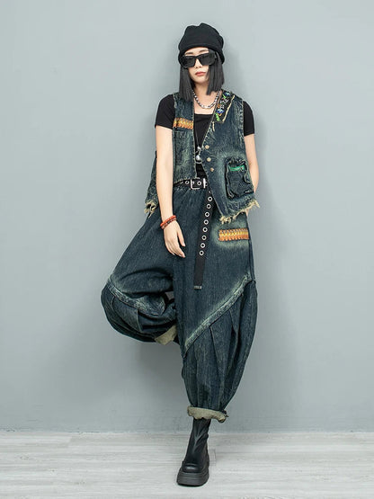 Blue Moon Fashion New Retro Ethnic Style Embroidery Denim  Two-piece Set