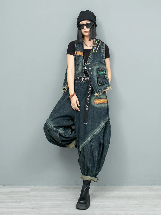 Blue Moon Fashion New Retro Ethnic Style Embroidery Denim  Two-piece Set