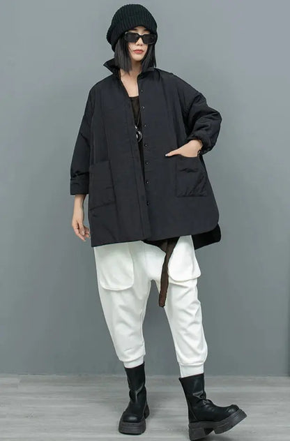 Women's  Cotton Turn-down Collar Large Pockets Midi Length Asymmetrical Jacket Blue Moon Fashion House