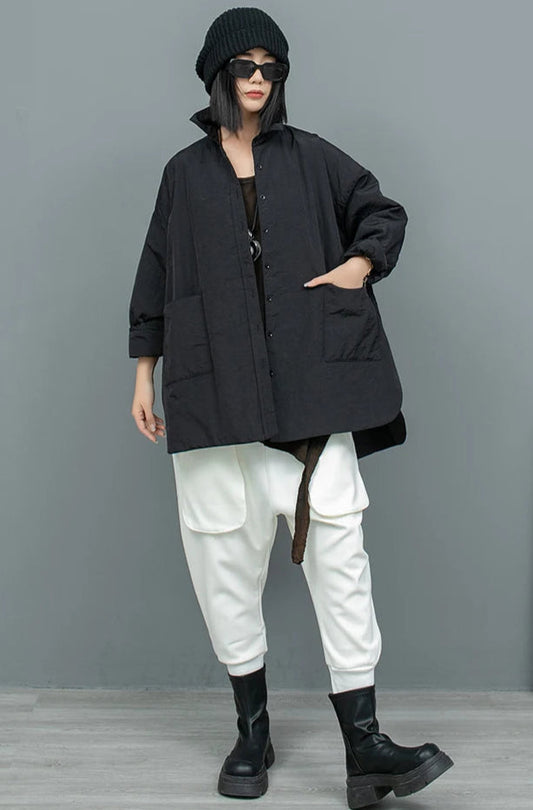 Women's  Cotton Turn-down Collar Large Pockets Midi Length Asymmetrical Jacket