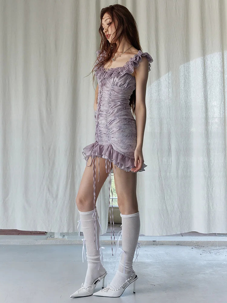 Light Gray Printed Ruffles Elegant Long Dress | Blue Moon Fashion House
