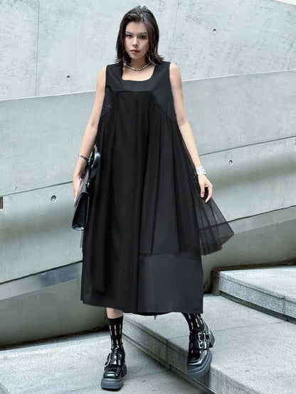 Blue Moon Fashion  Gray Mesh Color-block Big Size Midi Vest Dress