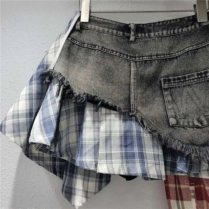 Blue Moon Fashion  Patchwork Plaid Button Design Denim  Skirts