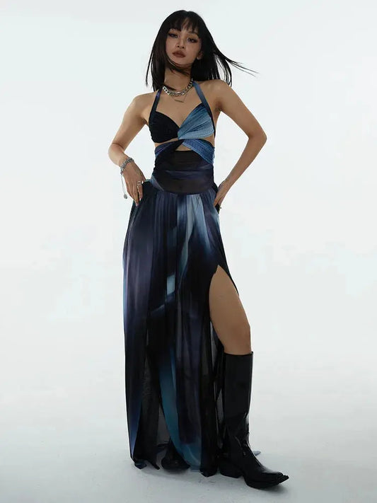 Furla Dress, Black Blue Printed Backless Dress Blue Moon Fashion House