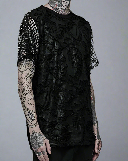 Men's  Broken Holes Splices Mesh Short Sleeve T-shirt
