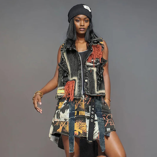 Blue Moon Fashion Vintage Women's Patchwork Burr Edge Denim Vest