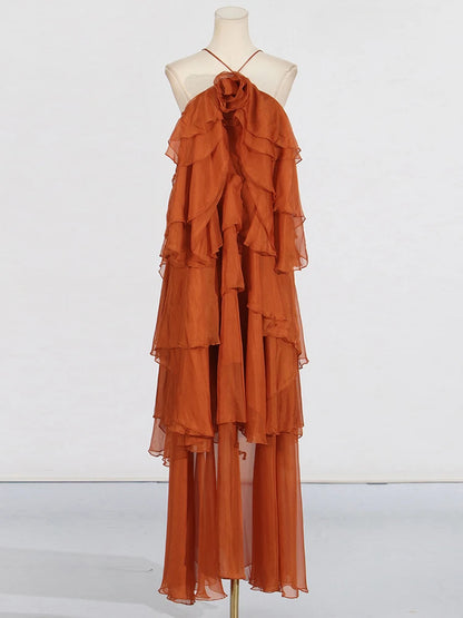 Flower Ruffles Backless Elegant Dress