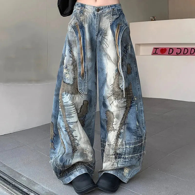 Blue Moon Fashion  Loose Jeans High Waist Wide Leg Embroidery Distressed