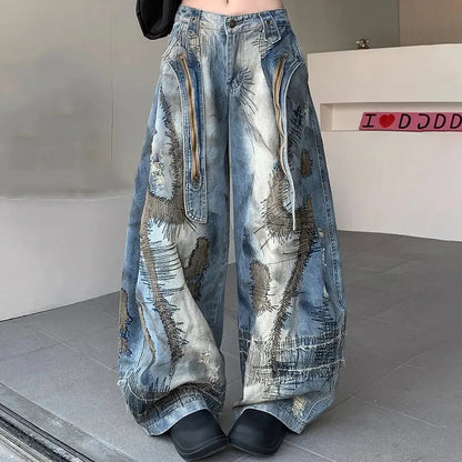 Blue Moon Fashion  Loose Jeans High Waist Wide Leg Embroidery Distressed