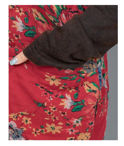 2PCS Chinese Style Floral Print Padded Clothing Set Plus Size Winter Thick Pants Suit Long Style Sleeveless Coat +Trousers