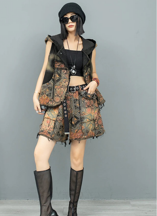 Blue Moon Fashion Women's  Suit Personality Distressed Printed Denim  Two-piece Set