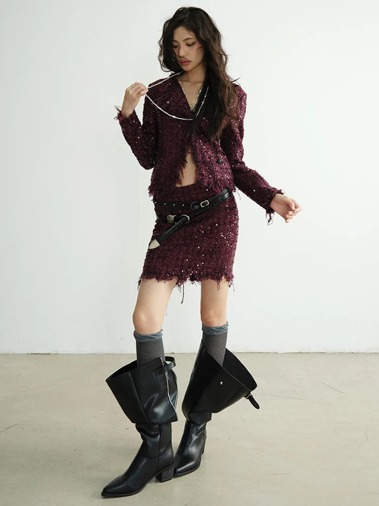 Wine Red Sequins  Two Pieces Suit