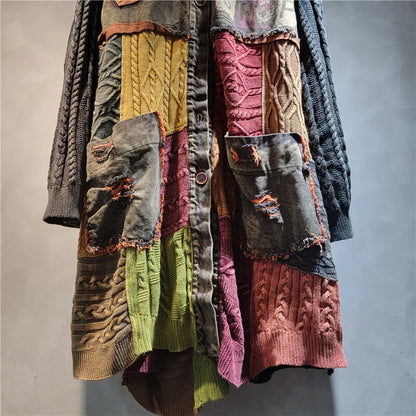 Blue Moon Fashion  Patchwork Contrast Color Knit Denim Long Jacket