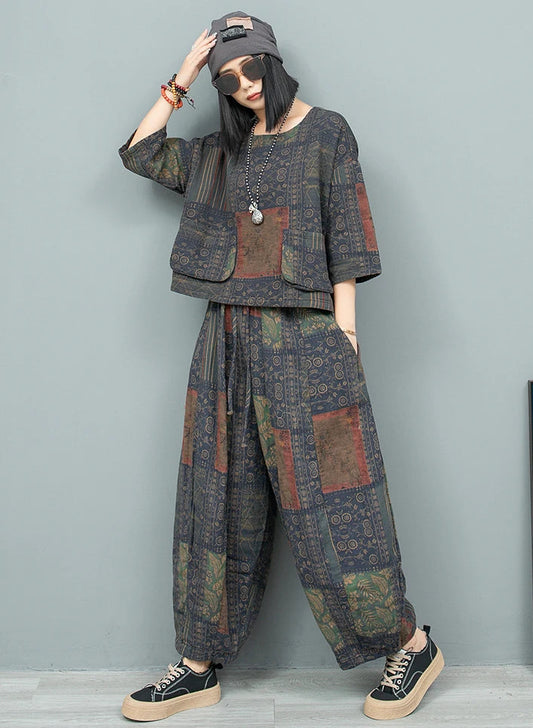 Blue Moon Fashion Ethnic Style Literary Print Two-piece Set