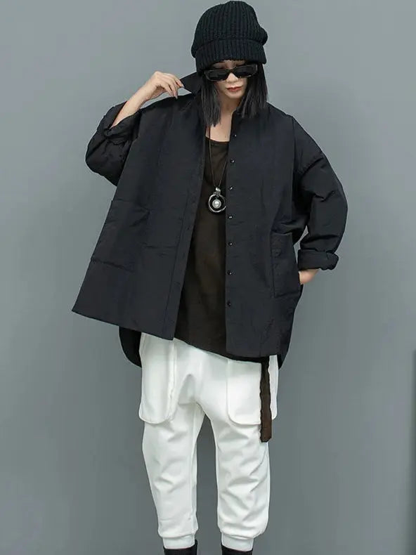Women's  Cotton Turn-down Collar Large Pockets Midi Length Asymmetrical Jacket Blue Moon Fashion House