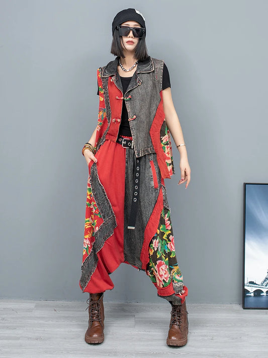 Autumn Large Flower Patchwork Denim Worn-out Buckle Vest + Large Crotch Pants Two-piece Set Women LX2445