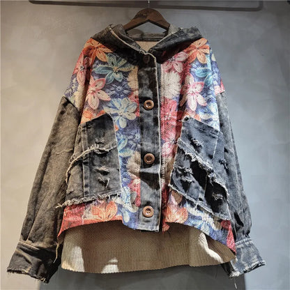 Blue Moon  Fashion  Knit Flower Print Spliced Denim Hooded Jacket