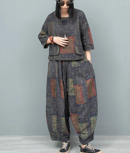 Blue Moon Fashion Ethnic Style Literary Print Two-piece Set