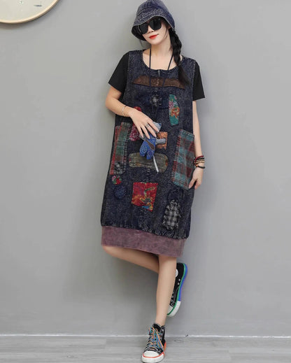 Blue Moon Fashion Vintage Patchwork Knee Length Sleeveless Dress