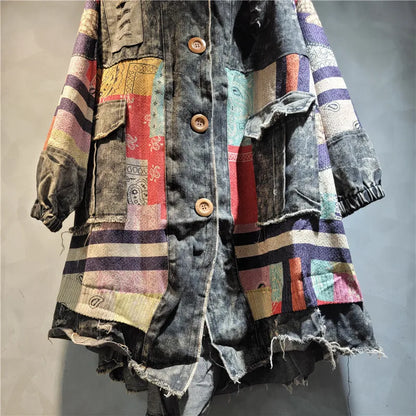 Blue Moon Fashion Irregular Patchwork Print Knit Hooded Denim Long Coat