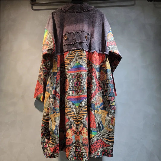 Blue Moon Fashion  Irregular Patchwork Print Denim Long Coat