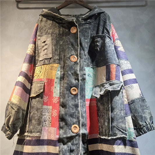 Blue Moon Fashion Irregular Patchwork Print Knit Hooded Denim Long Coat