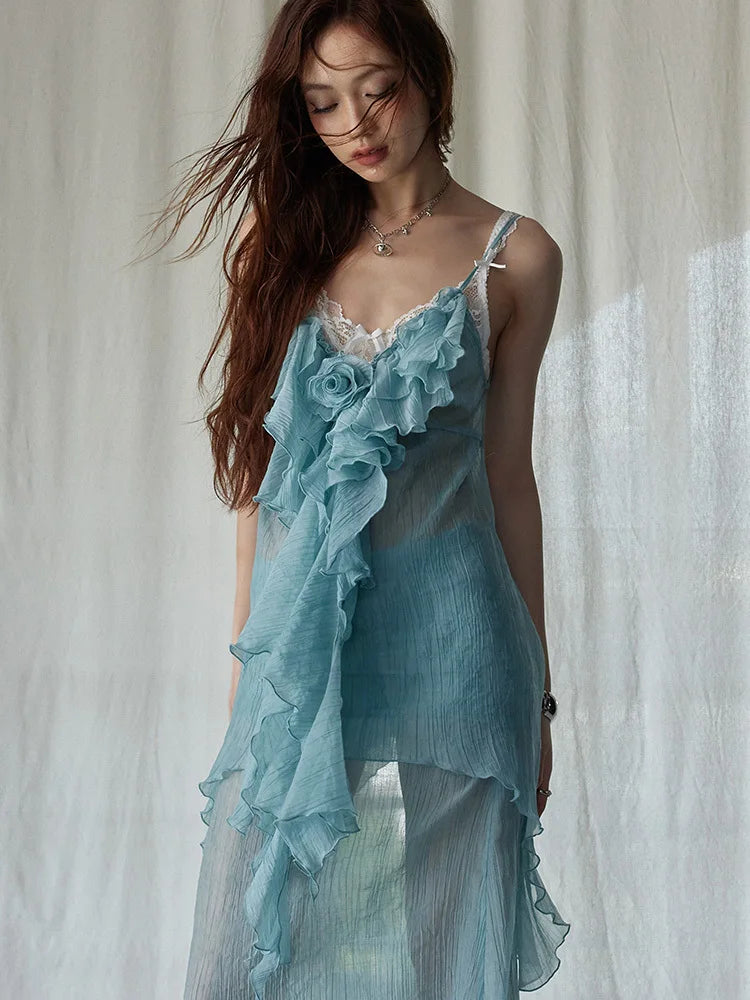 Green Ruffles Tank Top and Skirt Two Pieces Suit
