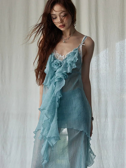 Green Ruffles Tank Top and Skirt Two Pieces Suit