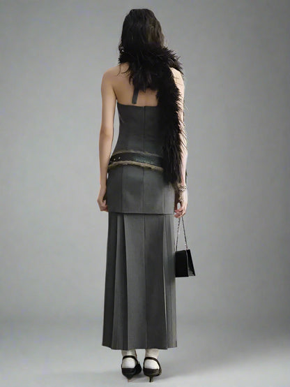 Blue Moon Fashion  Tira Leather Hem Pleated Wool Belt Dress