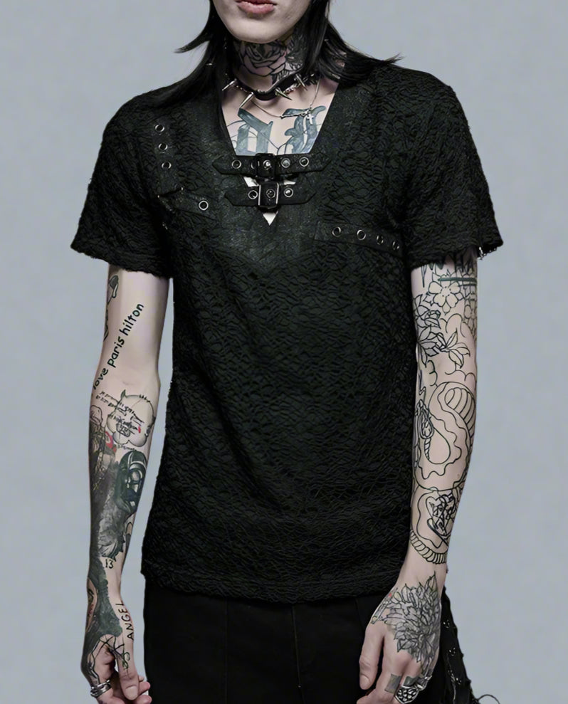 Men's Gothic Daily Personality Stylish Mesh V-neck Short Sleeve T-shirt