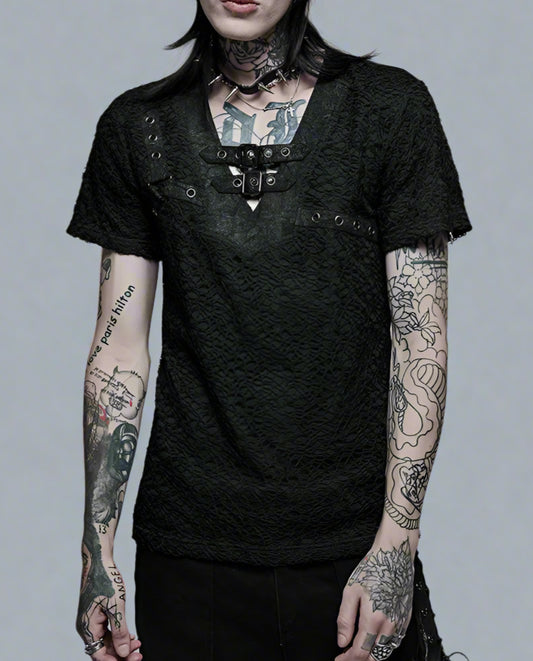 Men's Gothic Daily Personality Stylish Mesh V-neck Short Sleeve T-shirt