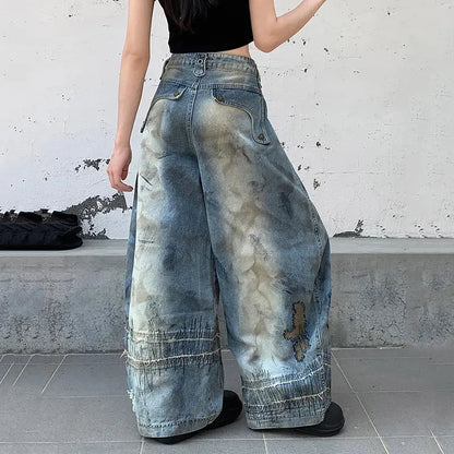 Blue Moon Fashion  Loose Jeans High Waist Wide Leg Embroidery Distressed
