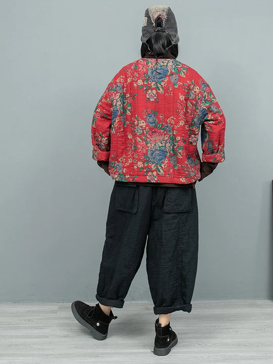 Big Flower Cotton Thick Jacket + Pant Two-piece Set Women Fashion LX2620
