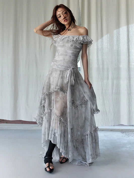 Light Gray Printed Ruffles Elegant Long Dress