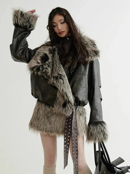 Blue Moon Fashion Women Gray Fur Spliced Bandage Elegant Mini Dress Blue Moon Fashion House