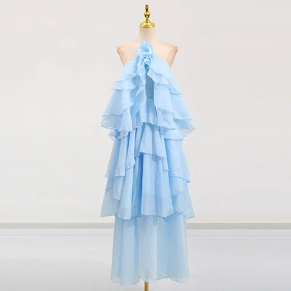 Flower Ruffles Backless Elegant Dress