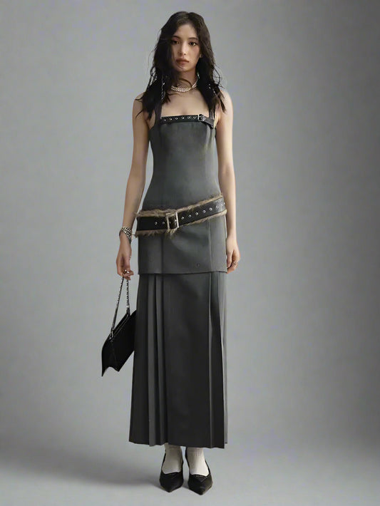 Blue Moon Fashion  Tira Leather Hem Pleated Wool Belt Dress