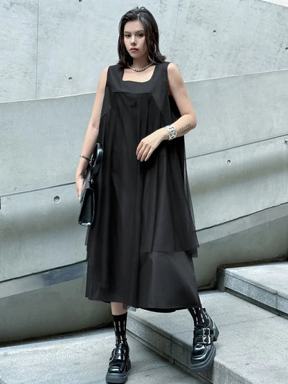 Blue Moon Fashion  Gray Mesh Color-block Big Size Midi Vest Dress