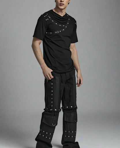 Men's Asymmetric Drop Collar Cracked Leather T-shirt