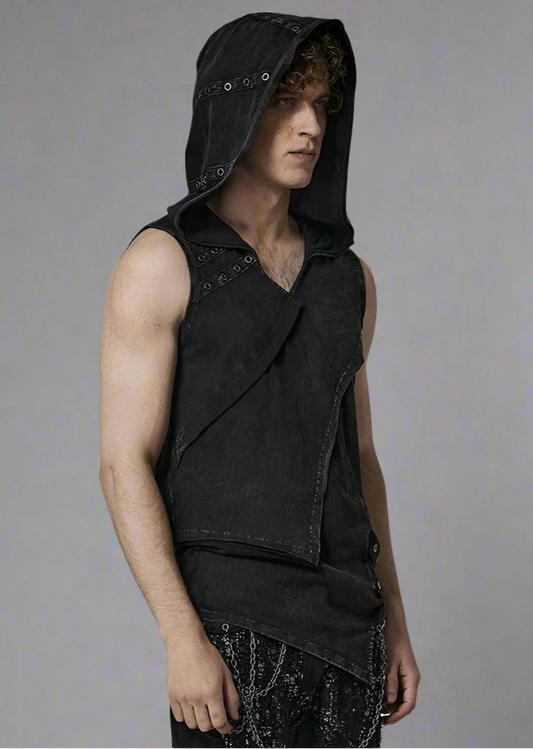 Men's  Elastic Knitted Hooded  Black Tank