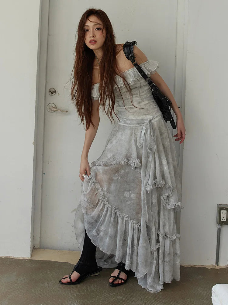 Light Gray Printed Ruffles Elegant Long Dress
