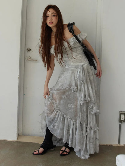 Light Gray Printed Ruffles Elegant Long Dress