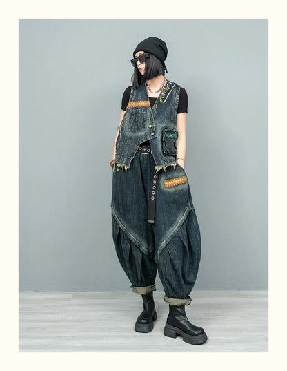 Blue Moon Fashion New Retro Ethnic Style Embroidery Denim  Two-piece Set