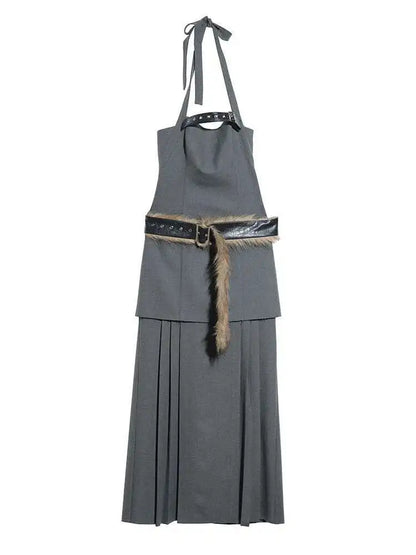 Blue Moon Fashion  Tira Leather Hem Pleated Wool Belt Dress