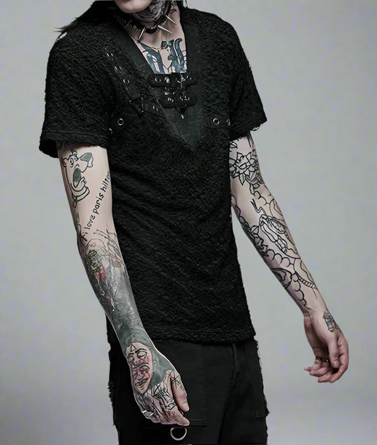 Men's Gothic Daily Personality Stylish Mesh V-neck Short Sleeve T-shirt