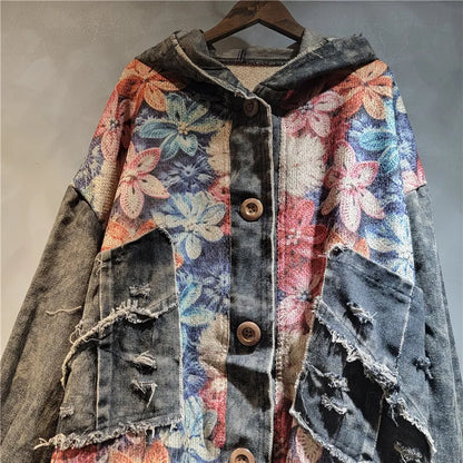 Blue Moon  Fashion  Knit Flower Print Spliced Denim Hooded Jacket