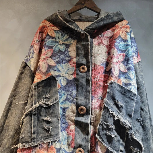 Blue Moon  Fashion  Knit Flower Print Spliced Denim Hooded Jacket